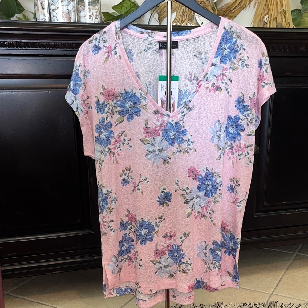 Pink & Blue Floral V-Neck Top